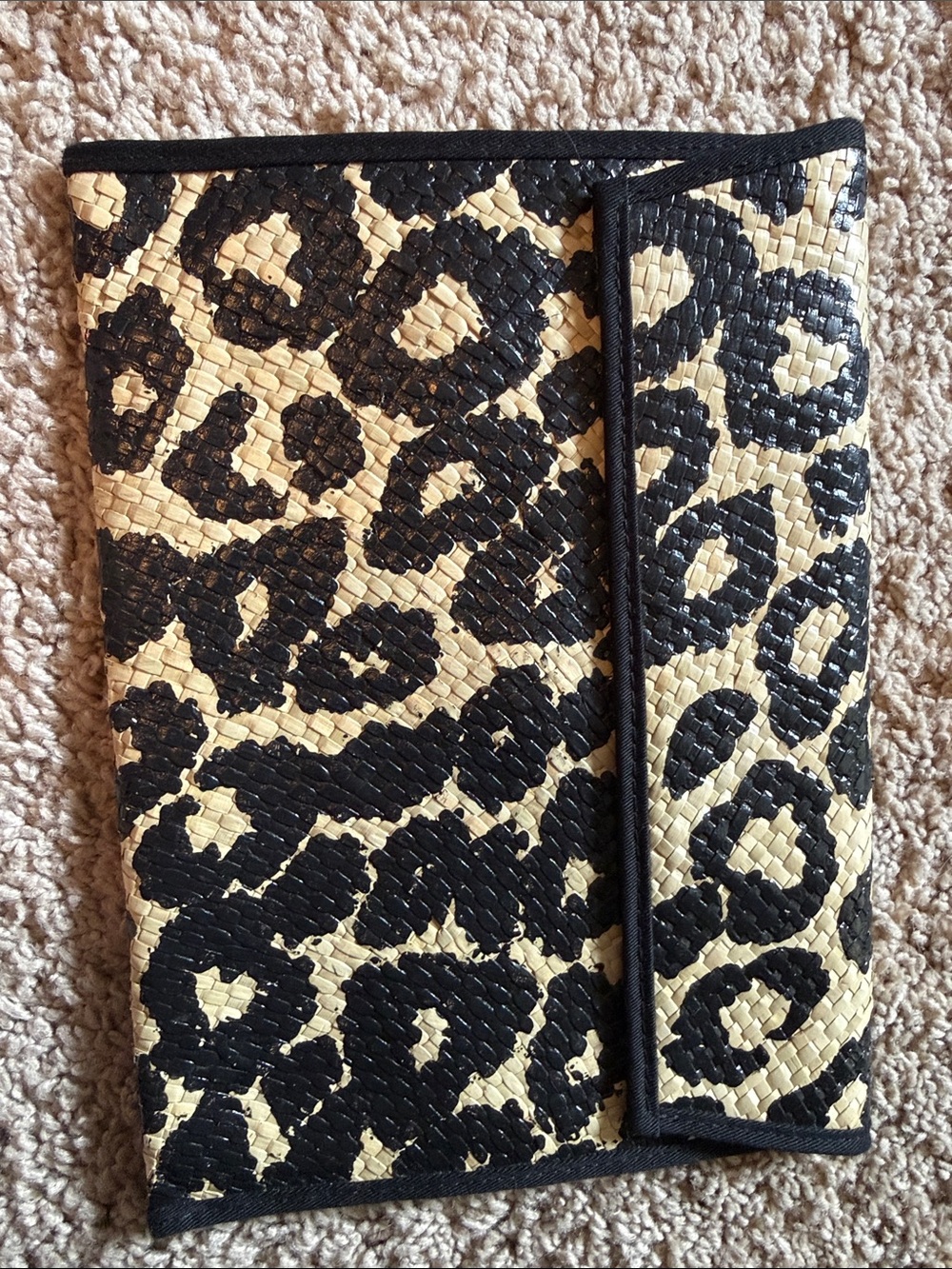 Woven Leopard Print Clutch in Black and Cream